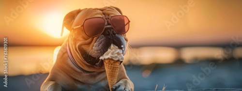 Amusing pet summer holiday vacation photography banner - Close-up of a playful bulldog wearing sunglasses, savoring an ice cream cone under the bright blue sky with sunshine in the  photo