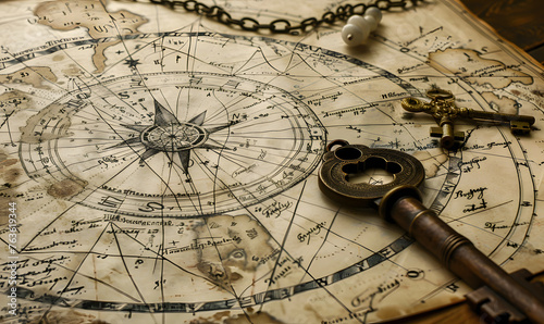 A closeup of an ancient, handdrawn astrological chart with the zodiac signs and star positions filled in, alongside an old key on a chain lying next to it,  paper texture, time passing concept photo