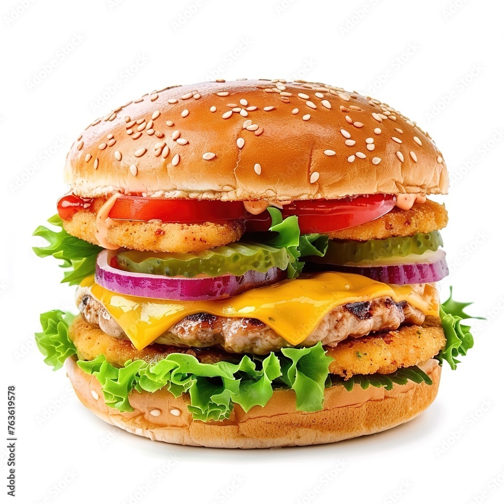 Chicken burger, delicious double burger with crispy chicken meat, salad and sauce isolated Chicken burger, delicious double burger with crispy chicken meat, salad and sauce isolated