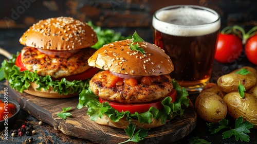 Fresh Gourmet Chicken Burger with cheese closeup on wooden rustic table with rustic potato