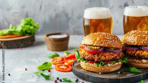 Fresh Gourmet Chicken Burger with cheese closeup on wooden rustic table with rustic potato © Vasiliy