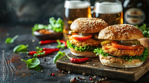 Fresh Gourmet Chicken Burger with cheese closeup on wooden rustic table with rustic potato