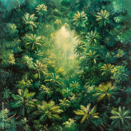 A painting of a lush green forest with a large tree in the center. The painting is full of life and energy  with the trees reaching up towards the sky