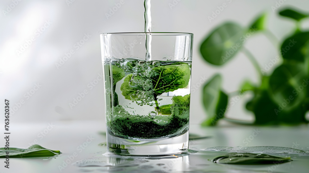 Fototapeta premium Chlorophyll extract is poured in pure water in glass against a white grey background with green leaf. Liquid chlorophyll in a glass of water. Concept of superfood, healthy eating, detox and diet