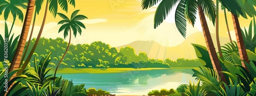 jungle forests, tropical forest background. Amazon forest landscapes, African or Brazilian jungle vector background, wallpaper with palm trees, simple vector illustration photo