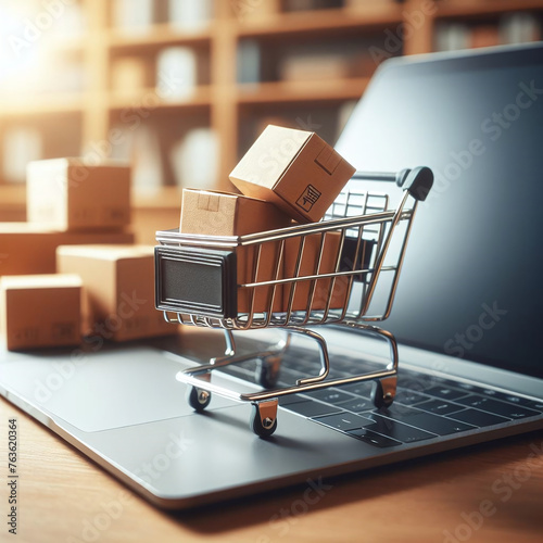 Digital Commerce Unleashed: Miniature Cart and Laptop Symbolizing the Power of Online Shopping and E-commerce, Shopping concept of purchase and business.