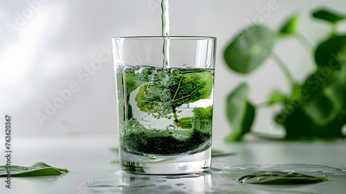 Chlorophyll extract is poured in pure water in glass against a white grey background with green leaf. Liquid chlorophyll in a glass of water. Concept of superfood, healthy eating, detox and diet