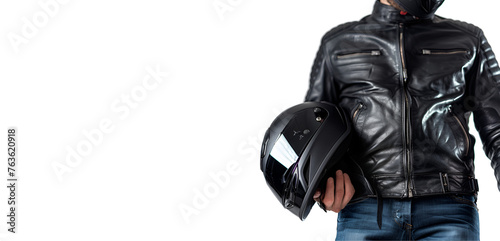 Motorcyclist providing copy space, holding helmet in close-up, Isolated on Transparent Background, PNG