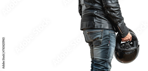 Close-up view of motorcyclist holding helmet with copy space, Isolated on Transparent Background, PNG