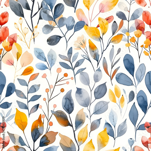 Seamless floral pattern with watercolor leaves and flowers on a white background