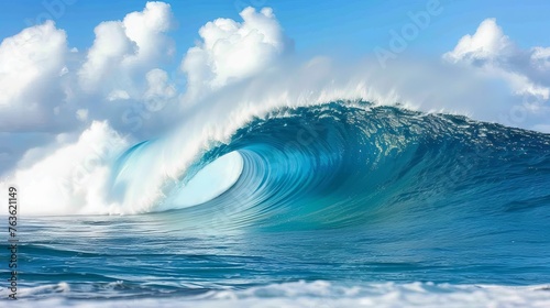Majestic ocean wave towering under blue sky side view of colossal force of nature