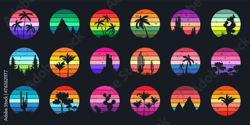 Grunge vintage sunset collection. Colorful striped sunrise badges in 80s and 90s style. Sun and ocean view  summer vibes  surfing. Design element for print  logo or t-shirt. Vector illustration