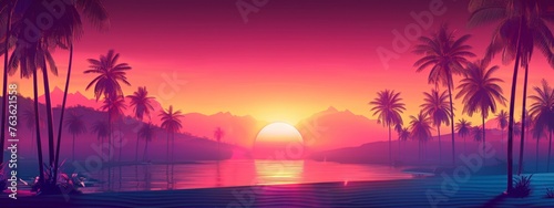 Palm background 80 s, 90 s style. Landscape of sunset. Image of old, retro, vintage style.  photo