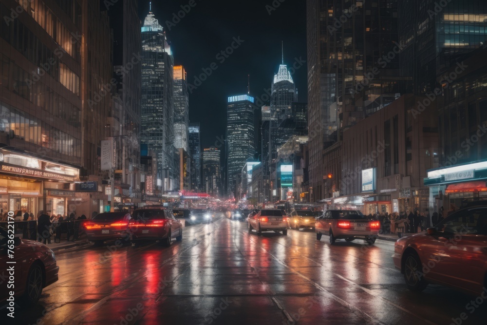 city view atmosphere at night with cars under city skyscraper, urban life city view atmosphere at night with cars under city skyscraper, urban life