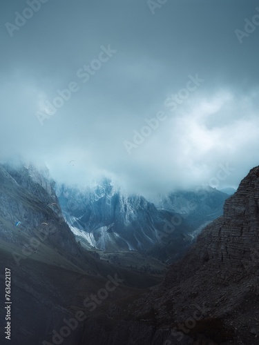 A group of paragliders gliding over the side of Mount Seceda, Dolomites, Italy