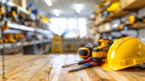 Male carpenter working with tools in workshop blurred background with copy space