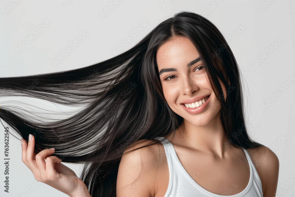 Smiling beautiful girl with long black hair on a light background, healthy hair concept Smiling beautiful girl with long black hair on a light background, healthy hair concept