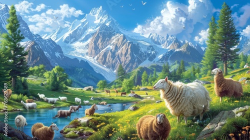A painting of a mountain scene with sheep and other animals, AI photo