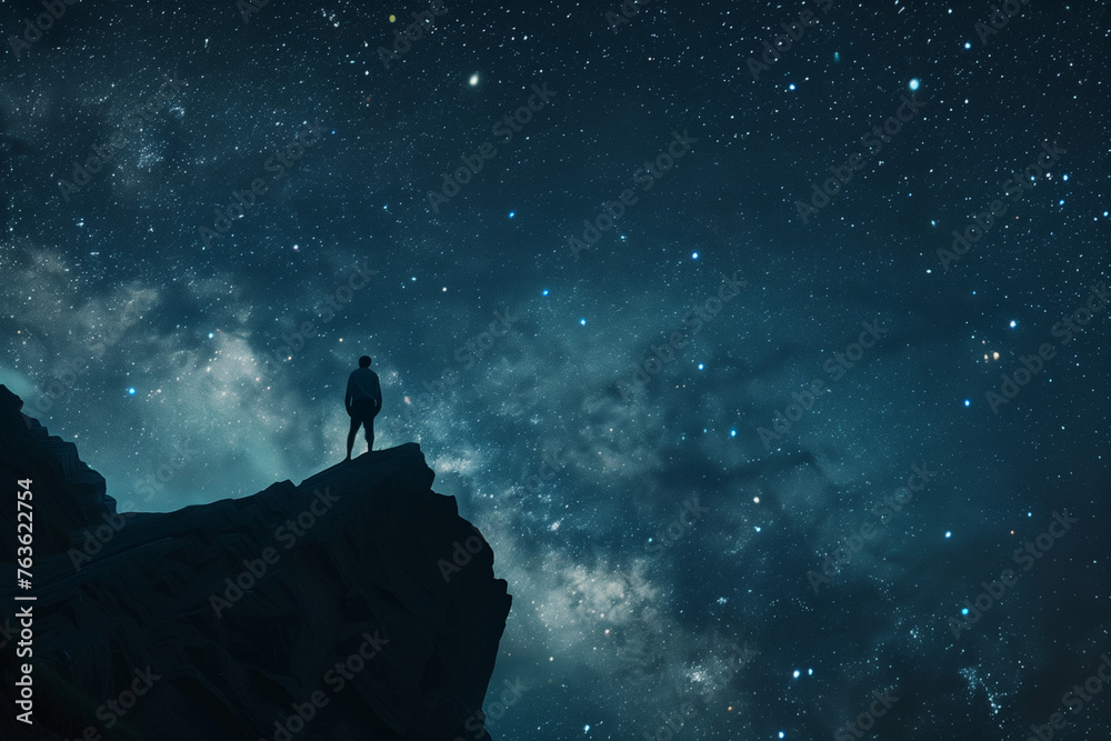 person standing on a cliff, looking at a smoky deep blue nebula in the star filled sky 