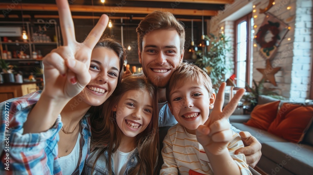 Self-portrait selfie of cheerful excited glad ecstatic family small little brother sister son daughter festive event party joy showing v-sign peace victory morning day in loft industrial interior
 - obrazy, fototapety, plakaty 
