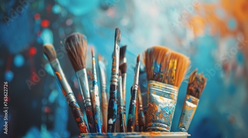 Variety of colorful paint brushes against an abstract background in an artist's studio