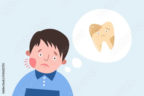 Dentistry, toothache. Cute boy with a swollen cheek. Funny cartoon child thinking about a bad tooth. Can be used for dental advertising design. Vector illustration.