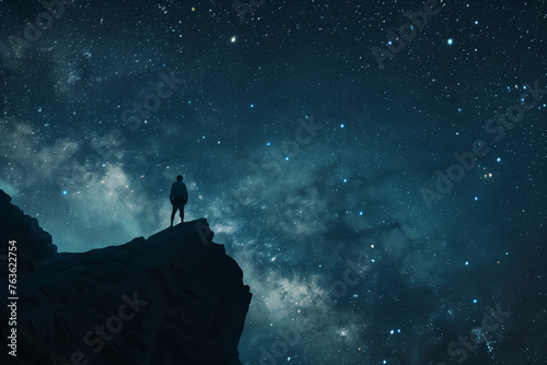 person standing on a cliff, looking at a smoky deep blue nebula in the star filled sky  © Laurent