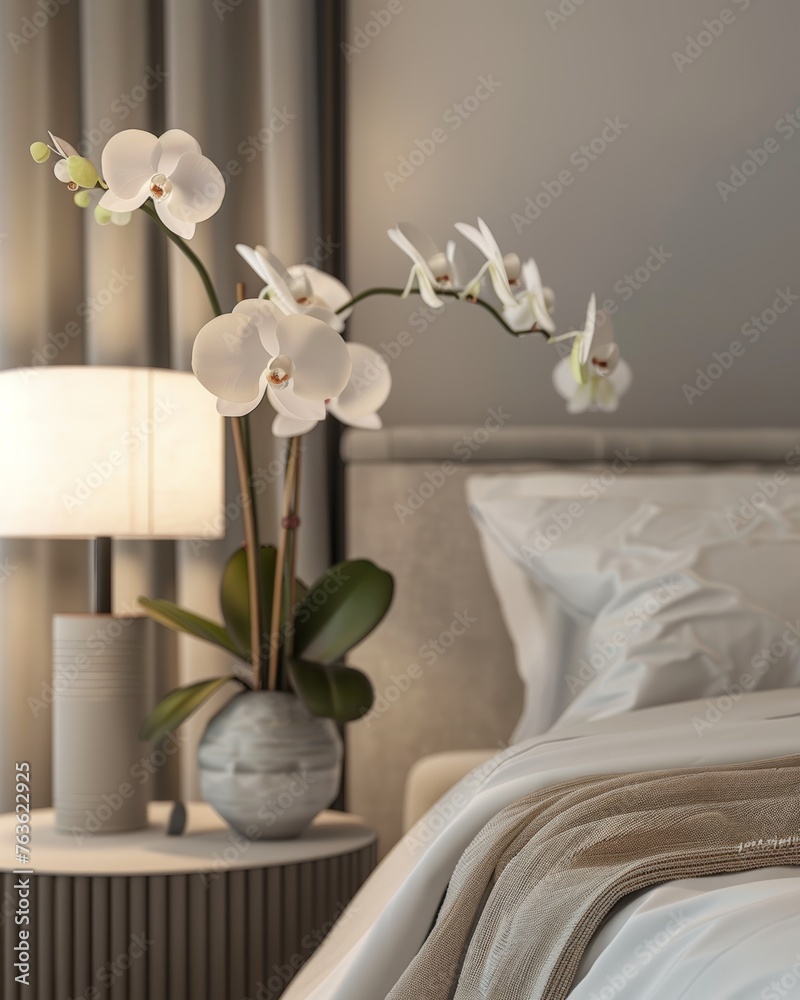 Contemporary Bedroom with Elegant Orchids on Solid Light Grey Background. Generative AI. Contemporary Bedroom with Elegant Orchids on Solid Light Grey Background. Generative AI.