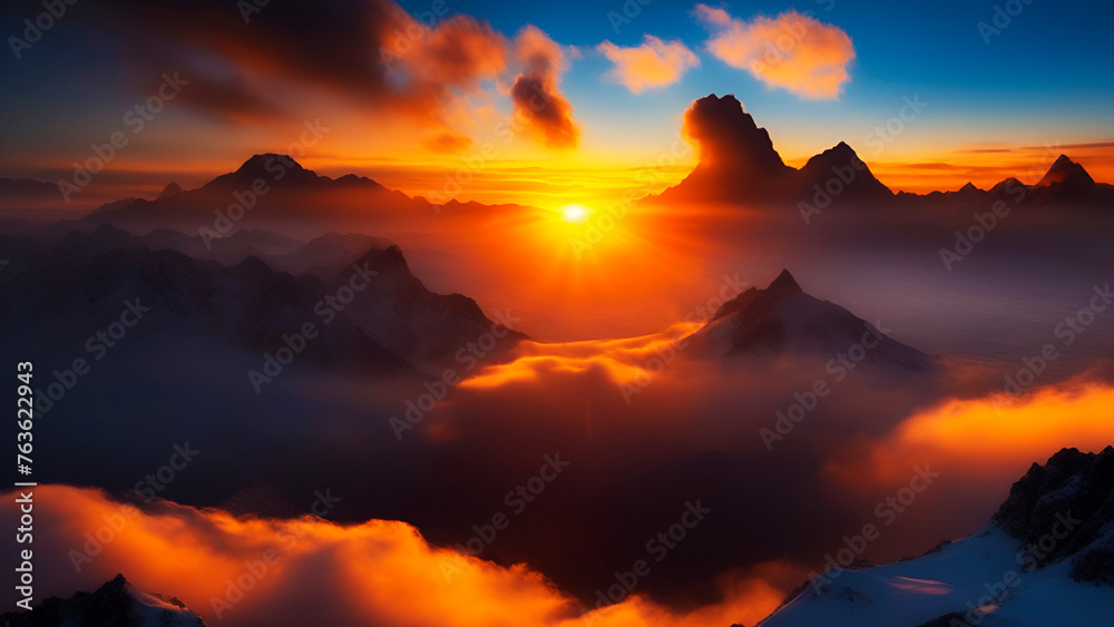 sunset or sunrise over mountains, colorful sky and clouds, beautiful landscape, Wall Art Design for Home Decor, wallpaper for cellphone, desktop, laptop
