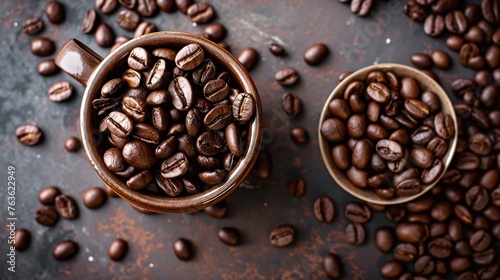 Fresh Aromatic Coffee Beans in Rustic Ceramic Mugs on Dark Background