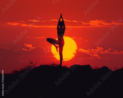 Yoga enthusiast balancing in tree pose against a fiery sunset backdrop