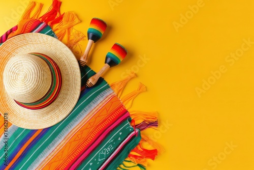 Cinco-de-mayo carnival concept. Top view photo of sombrero colorful striped poncho and couple of maracas on isolated vibrant yellow background with blank space - generative ai