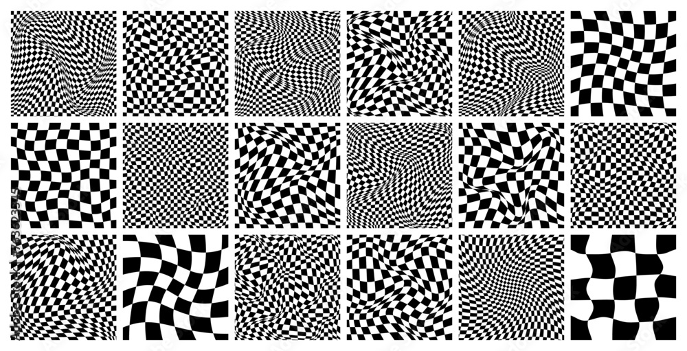 Trendy checkered pattern, black and white distorted tiled grid. Wavy curved backdrop, distortion effect. Funky geometric chessboard texture, retro background in 90s style, y2k. Vector illustration