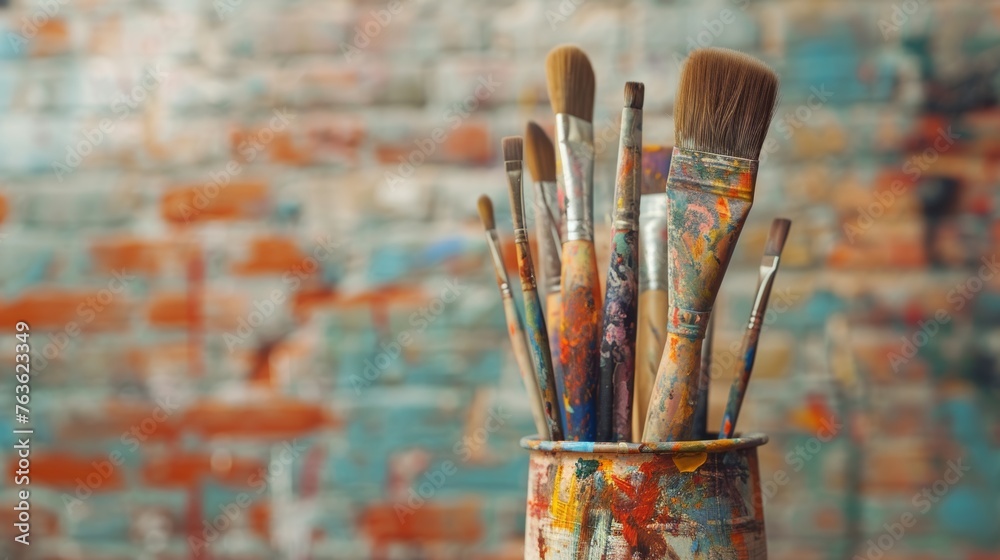 Variety of colorful paint brushes against an abstract background in an artist's studio Variety of colorful paint brushes against an abstract background in an artist's studio