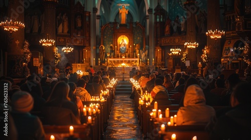 Quaint church interior during Saint Joseph's Day service, congregation holding candles, statue of Saint Joseph displayed