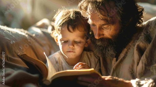 Reading stories about Saint Joseph to children at bedtime, emphasizing virtues of kindness and protection photo