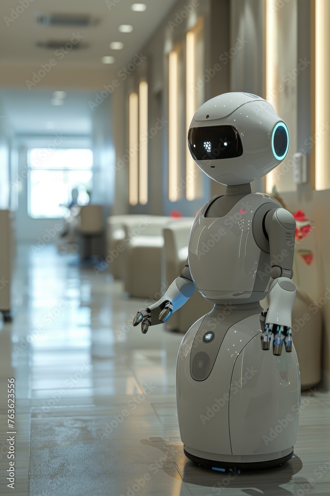 A conceptual AI health advisor robot assisting patients in a clinic with a friendly design in a minimal A conceptual AI health advisor robot assisting patients in a clinic with a friendly design in a minimal