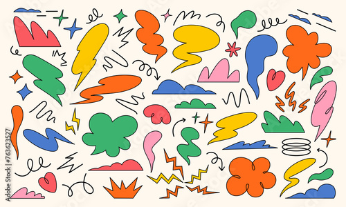 Set of hand drawn abstract funky shapes, clouds, speech bubble, arrows, sparkles. Vivid colourful design elements in flat style. © fireflamenco