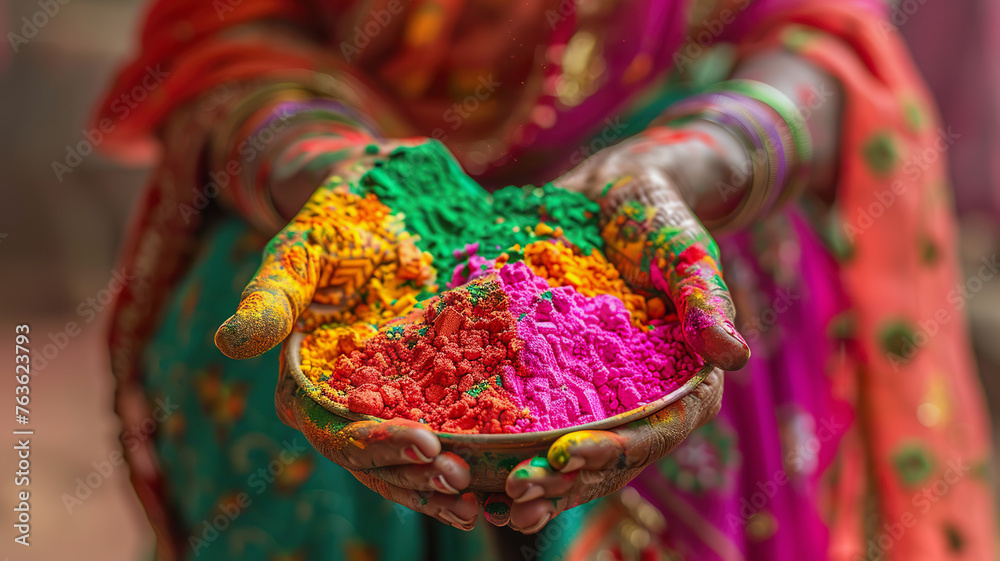 Indian woman hands holding vibrant Holi festival colors