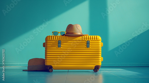 A sleek suitcase, paired with trendy sunglasses and a stylish hat. Perfect for globetrotters aiming to make a statement while jet-setting around the world. photo
