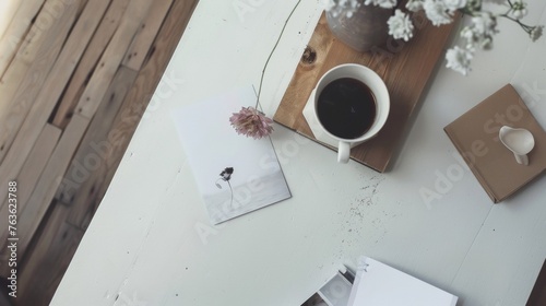 A white table with a cup of coffee and some flowers, AI