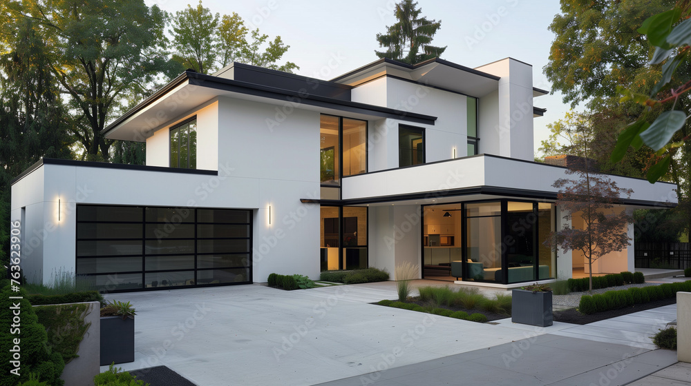 Modern residence exterior with garage for real estate.