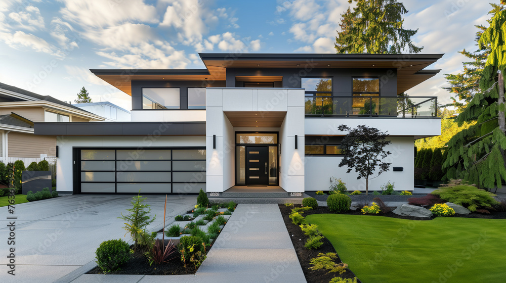 Fototapeta premium Modern residence exterior with garage for real estate.