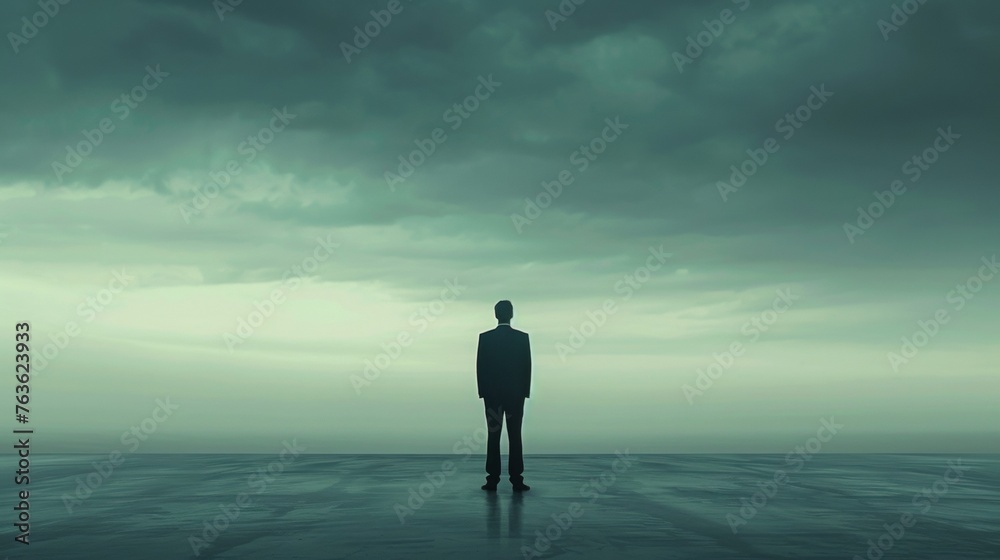 A man standing in the middle of a large empty space, AI