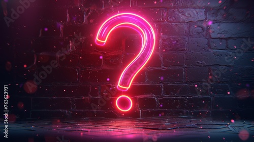A neon question mark sign on a brick wall, AI