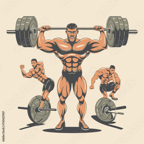 red white black modern style minimalist lines of a strong muscle pose strong body builder anatomy man at gym with bundle Doing exercises in all body positions using different gym equipment