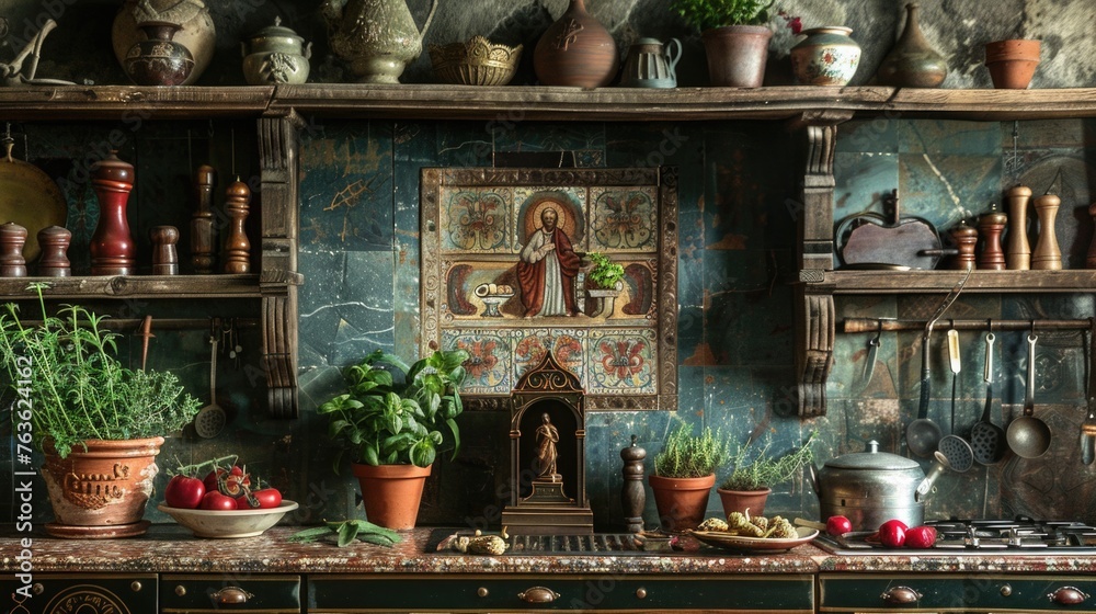 Rustic kitchen setting with a small Saint Joseph shrine, surrounded by traditional Italian cooking utensils and herbs