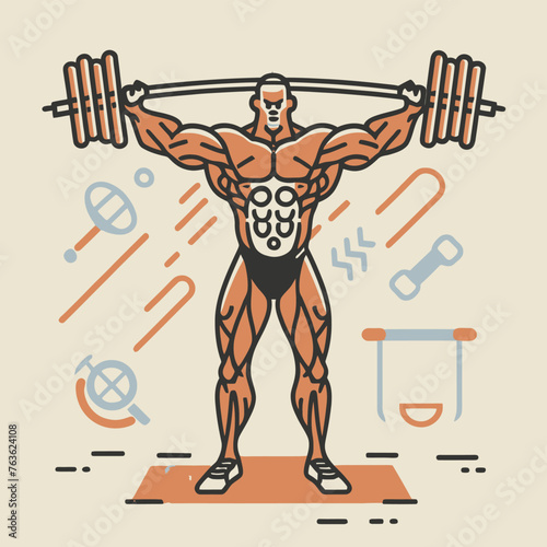 red white black modern style minimalist lines of a strong muscle pose strong body builder anatomy man at gym with bundle Doing exercises in all body positions using different gym equipment