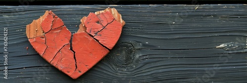 Cracked red heart on dark wooden surface as a poignant backdrop for emotional themes photo