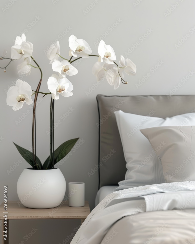 Chic Bedroom Elegance with Pristine Orchids. Generative AI. Chic Bedroom Elegance with Pristine Orchids. Generative AI.